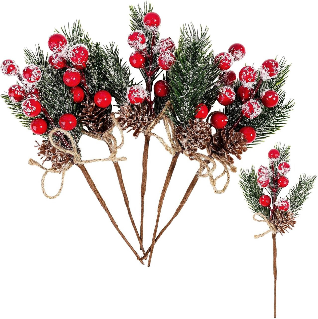 Christmas Berries Red Stems Evergreen Pine Branches (6pcs) 3"D x 3"W x 0.7"H